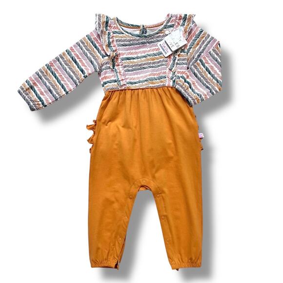 Ruffle Butts Girls Jumpsuit Size 2T Boho Stripe Mustard Ruffle Back Romper New - Picture 1 of 9
